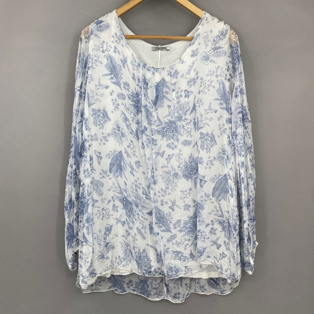 Elena Baldi Silk Blouse Women 3X Blue White Floral Hummingbird Toile Italy